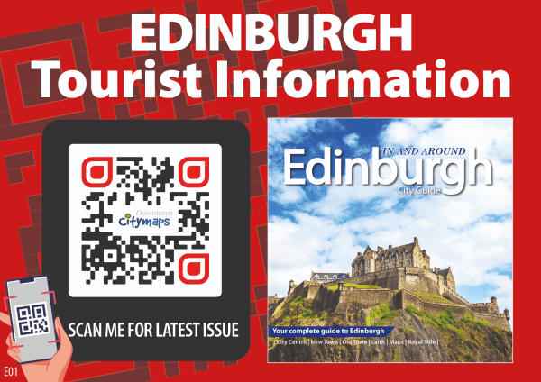 QR Code num pôster de informações turísticas de Edimburgo que dá acesso à última versão do Downtown City Maps por meio de um scan.