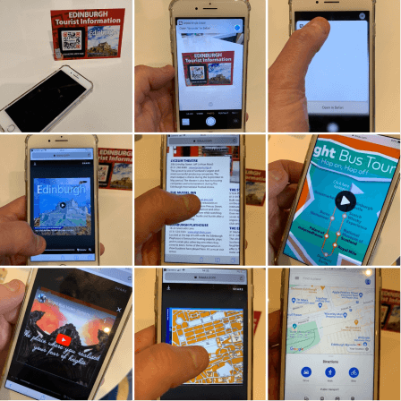 Uma pessoa escaneia o QR Code da Downtown CityMaps de Edimburgo e dá uma olhada nas informações disponíveis no guia pelo celular.