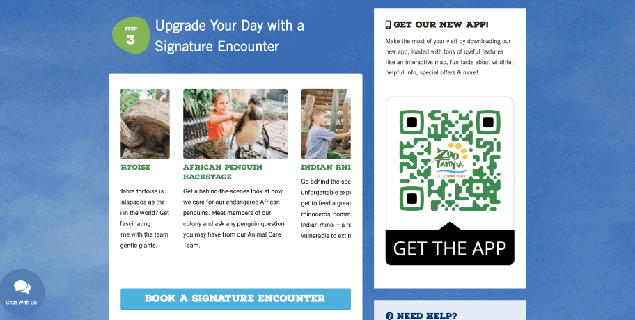 No lado esquerdo da tela, a interface mostra três propostas de atividades com três tipos diferentes de animais. No lado direito da tela aparece um QR Code que convida você a fazer o download do aplicativo.