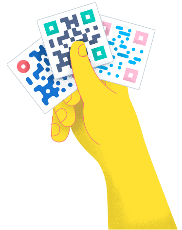 Ilustração de uma mão segurando um QR Code colorido