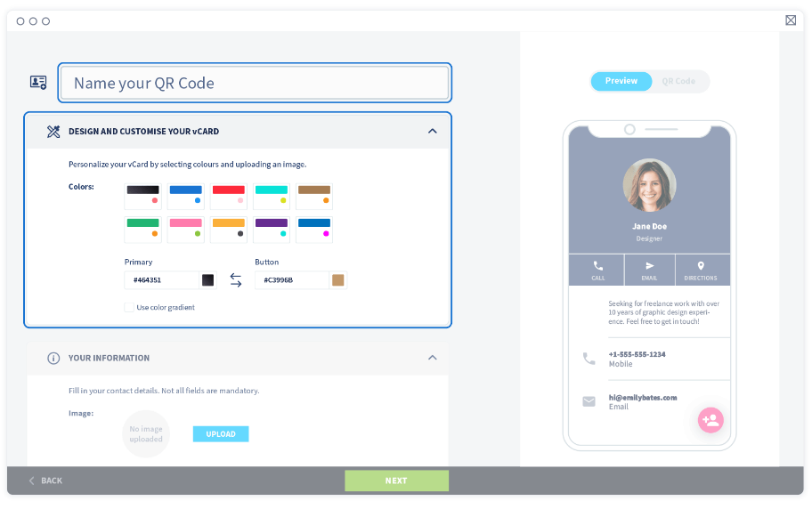 Dê um nome ao seu QR Code e, em seguida, personalize seu cartão de visita digital com cores