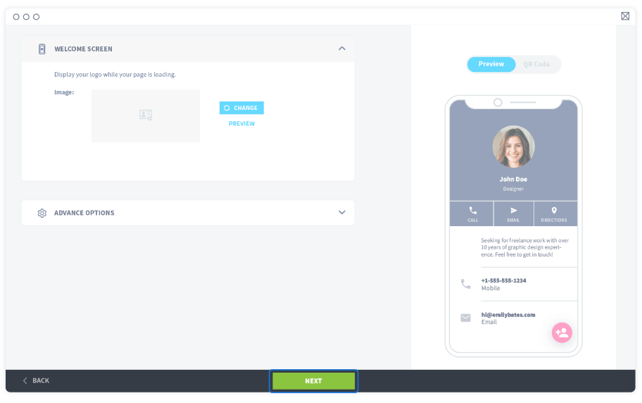 Clique em Continuar para personalizar seu QR Code