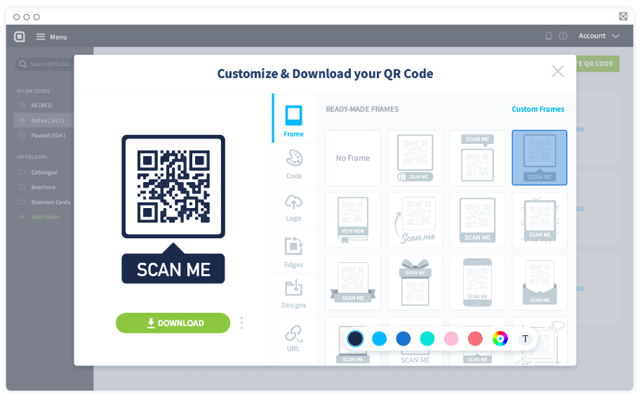 Na página de design do QR Code, selecione sua moldura.