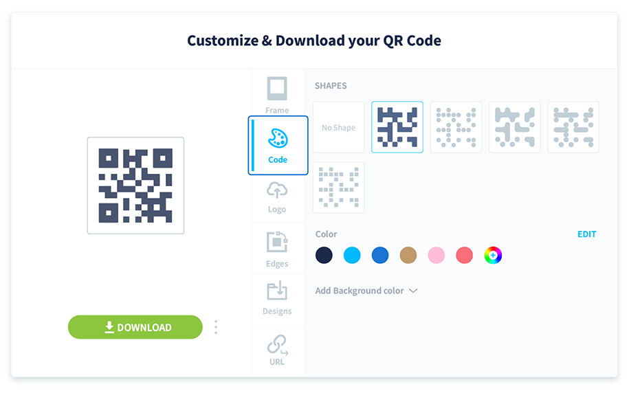 Selecione o botão QR Code para personalizar a forma e a cor do QR Code