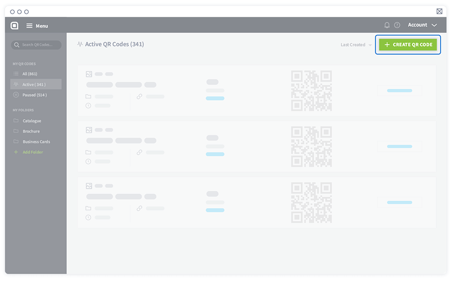 Selecione Criar QR Code no painel de controle para criar um QR Code