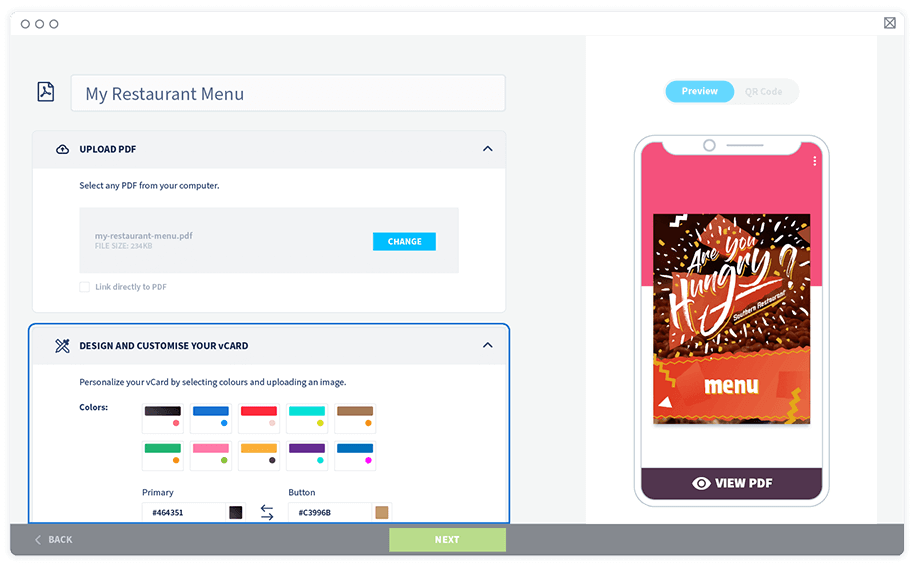 Agora, escolha as cores de fundo da landing page do QR Code PDF