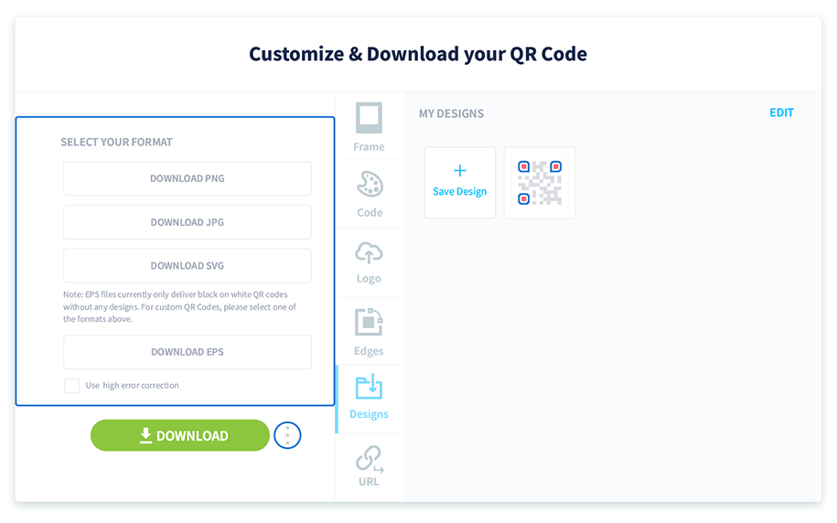 Escolha em qual formato você gostaria de fazer o download do QR Code