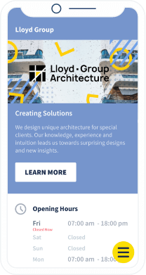 Landing page do QR Code que mostra o horário de funcionamento, URL do site, as redes sociais e os detalhes de contato de uma empresa.