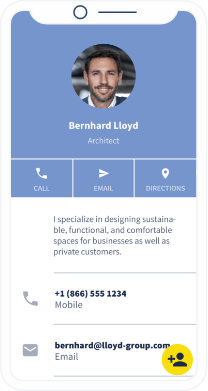 Landing page do QR Code que contém os detalhes de contato de um arquiteto com um botão que salva todas as informações no celular.