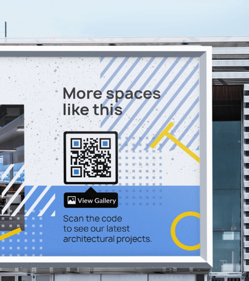 Um outdoor divulgando projetos empresariais com um QR Code que mostra uma galeria de imagens de um portfólio.