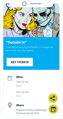 Uma landing page do QR Code que contém informações detalhadas sobre um evento com um botão para salvar o evento no calendário do celular.