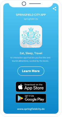 Uma landing page do QR Code com botões para baixar uma app da cidade pela Apple App Store ou Google Play Store.
