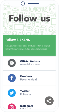 Landing page do QR Code que mostra vários canais de redes sociais e a URL do site de uma empresa de produtos eletrônicos.