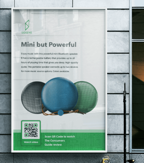 Um poster que anuncia produtos eletrônicos com um QR Code que mostra uma playlist de vídeos.