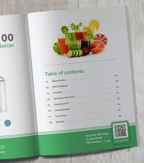 Manual de um produto com um QR Code que também mostra o manual em versão PDF.