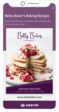 Uma tela móvel com fundo roxo, panquecas e um link para um PDF com receitas.