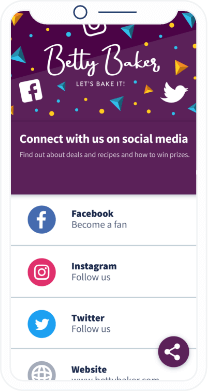 Uma página de destino com um QR Code mostrando múltiplos canais de redes sociais e a URL do site de uma marca de alimentos.