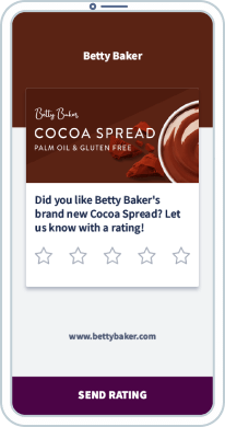 Uma tela de celular com fundo marrom e branco convidando os clientes para avaliar o produto usando estrelas.