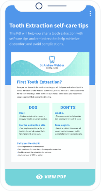 Landing page e um pdf sobre a extração dentária de um paciente e indicações para após a extração