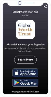 Landing page do QR Code que permite baixar um app de uma empresa de consultoria financeira pela Apple App Store e Google Play Store.