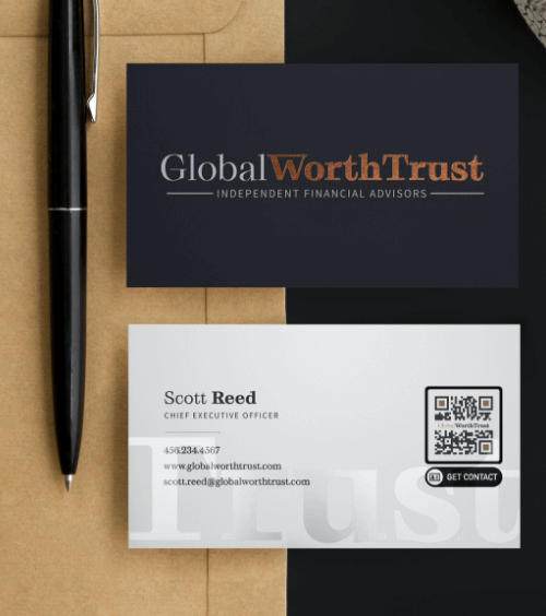Cartão de visita do CEO de uma empresa de consultoria financeira com um QR Code que contém informações de contato.