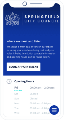 Uma landing page de um QR Code que que contém informações como horários de abertura, dados de contato, URL do site e redes sociais de um escritório governamental.