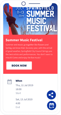 Uma landing page do QR Code que mostra os detalhes do evento de uma cidade com um botão para salvar as informações no calendário do celular.
