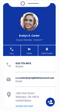 Uma landing page do QR Code que contém informações de contato como telefone, email e endereço do escritório.