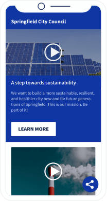 Uma página de destino do QR Code que mostra uma playlist de vídeo de progressos e desenvolvimentos da cidade.