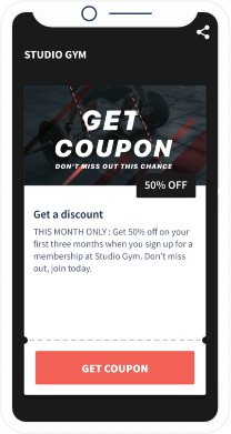 Uma landing page de um QR Code que oferece um cupom de desconto para atrair novos clientes para a academia.