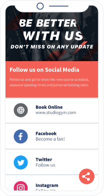 Uma landing page do QR Code que mostra os canais de redes sociais de uma academia, como Facebook, Twitter e a URL do site.