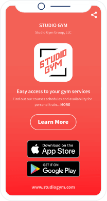 Uma landing page do QR Code que mostra um app da academia com um botão da Apple App Store e Google Play Store.