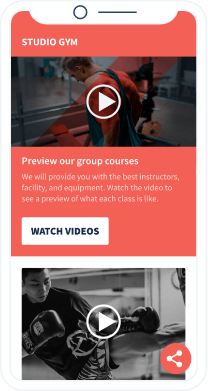Uma landing page do QR Code que mostra uma playlist de vídeos dos cursos de fitness na academia.