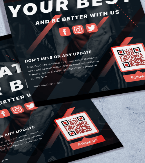 Um flyer promocional com um QR Code que incentiva os usuários a seguirem as redes sociais de uma academia.