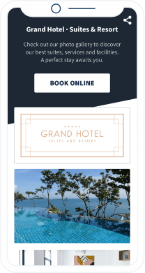 Uma landing page de um QR Code que mostra as fotos do serviço do hotel e das instalações em uma galeria de fotos.