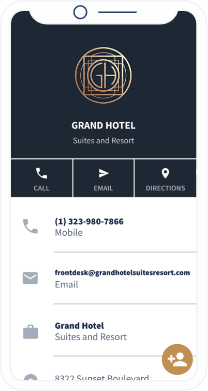 Uma landing page do QR Code que contém todas as informações de contato de um hotel, como localização, número de telefone e email.