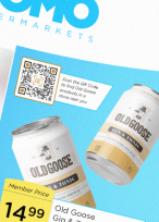 QR Code in a supermarket ad prompting people to scan to find Old Goose Gin products at a store near them.