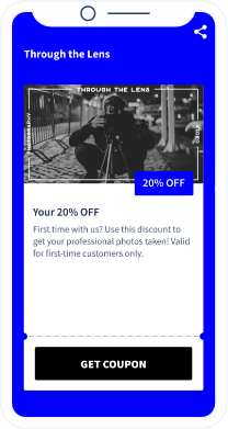 Landing page do QR Code com um cupom de desconto para ser usado em um estúdio fotográfico.