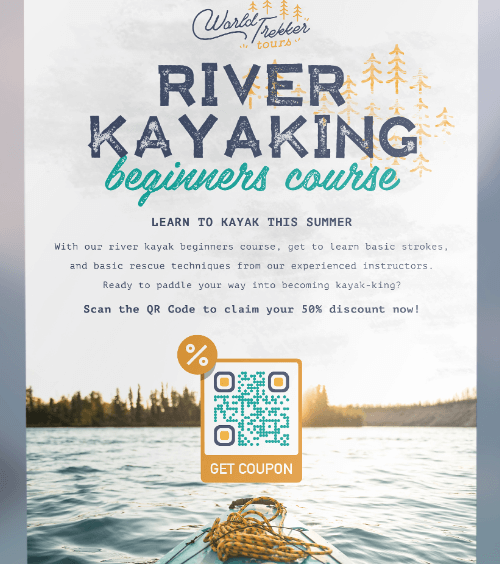 Um flyer de um curso de caiaque de rio para iniciantes com um QR Code que dá um cupom de 50 por cento de desconto quando escaneado