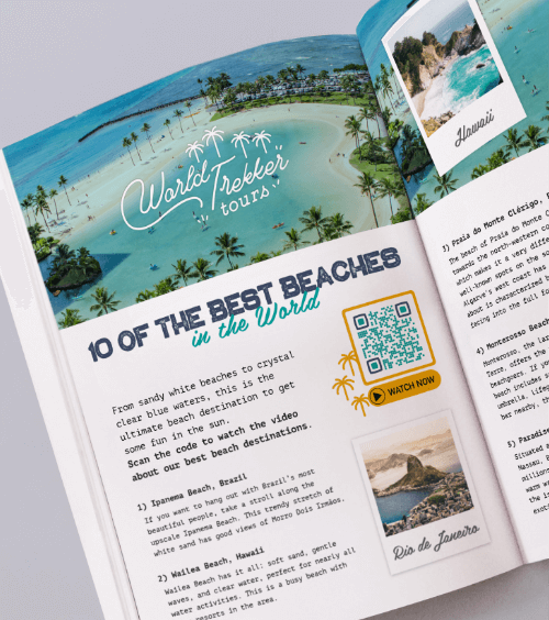 Um artigo de uma revista com um QR Code que mostra vídeos das 10 melhores praias do mundo