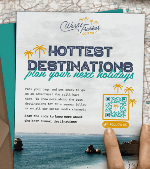 Um cartão postal de agência de viagens com um QR Code que estimula os clientes a segui-los nas redes sociais