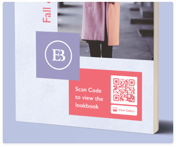 A capa de um lookbook com um QR Code que contém um teaser do conteúdo em forma de galeria de imagens.