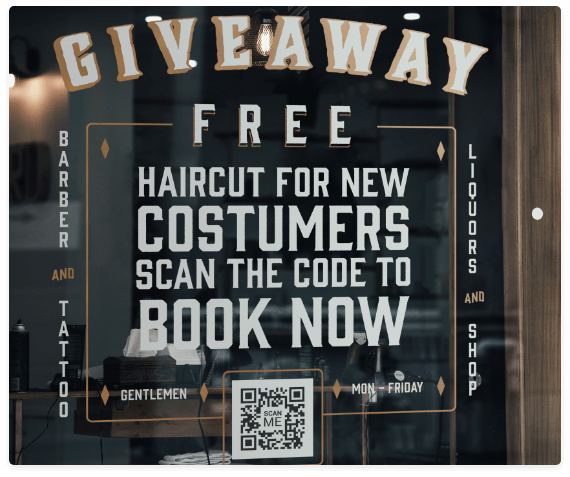 Uma vitrine com um QR Code que oferece cortes de cabelo grátis para novos clientes quando é escaneado.