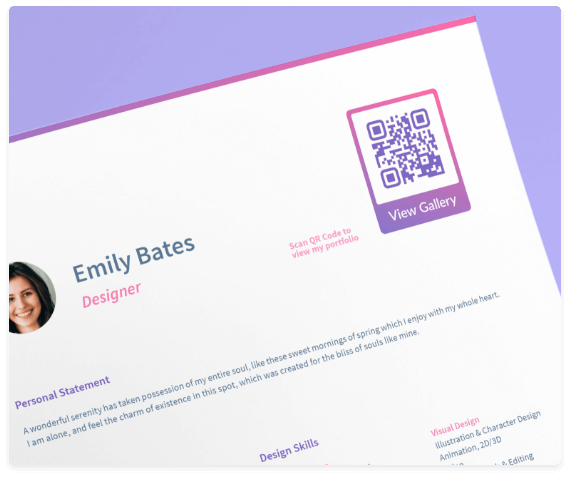 Um currículo de uma designer com um QR Code que contém um portfolio completo de design exibido em uma galeria de fotos.