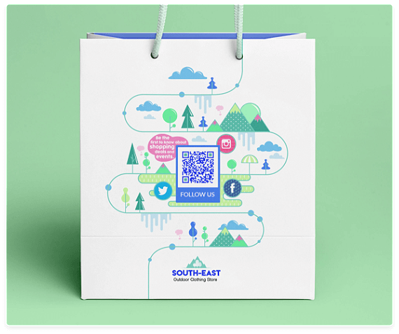 Um saco de papel de uma loja de roupas com um QR Code que vincula todos seus canais de redes sociais em apenas uma página.