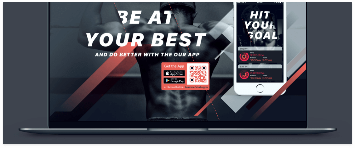 Website de uma academia com um QR Code que vincula o aplicativo de fitness na Apple App Store e Google Play Store.