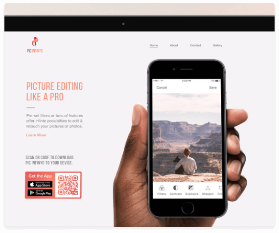 Site de um software para editar fotos com um QR Code que vincula um aplicativo de smartphone na Apple App Store e Google Play Store.