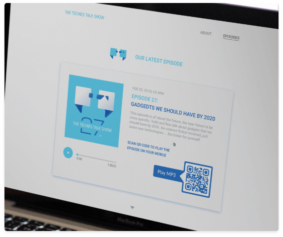 Um website que divulga episódios de um podcast com um QR Code que deixa os usuários ouvirem um arquivo MP3 no celular.