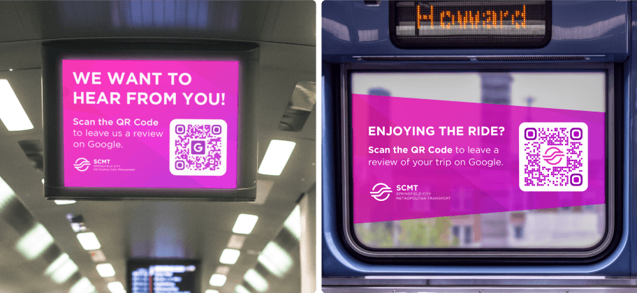 Um anúncio num veículo de transporte público com um QR Code que permite que as pessoas deixem uma avaliação do Google.