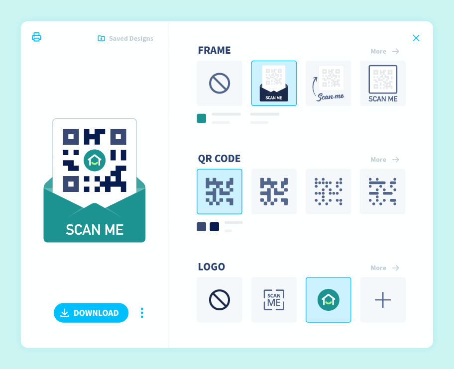 O QR Code Generator permite que você personalize o QR Code com designs, uma moldura e um logotipo.